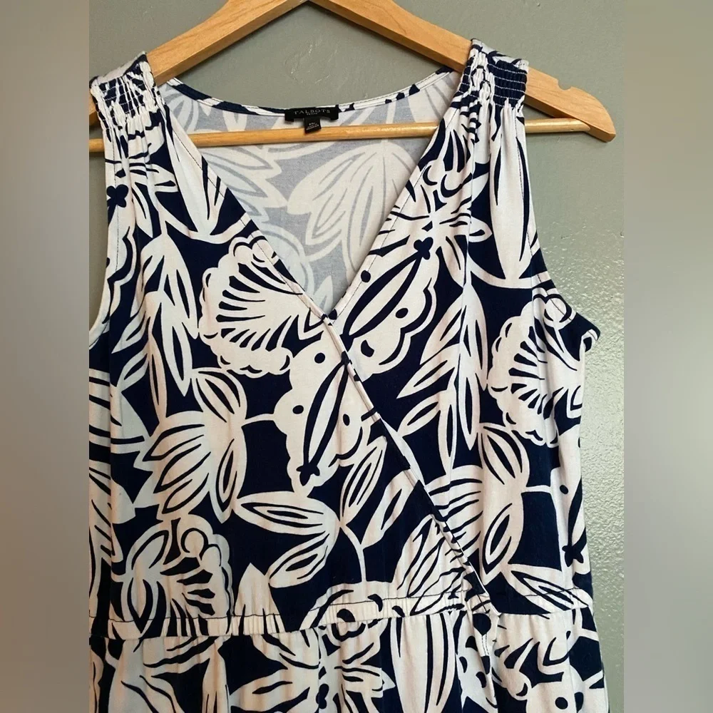 Talbots Dress Womens Size Medium Petite Navy & White V-Neck Faux Wrap Dress - Picture 2 of 12